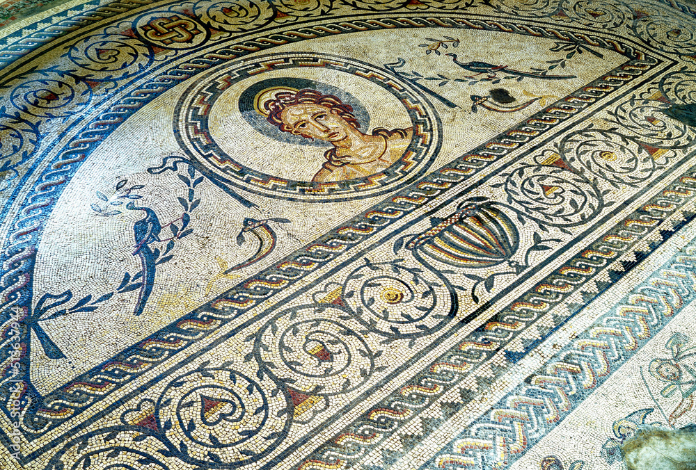 Detail of the Venus and Gladiator floor mosaic in the Roman villa at Bignor, West Sussex, England.