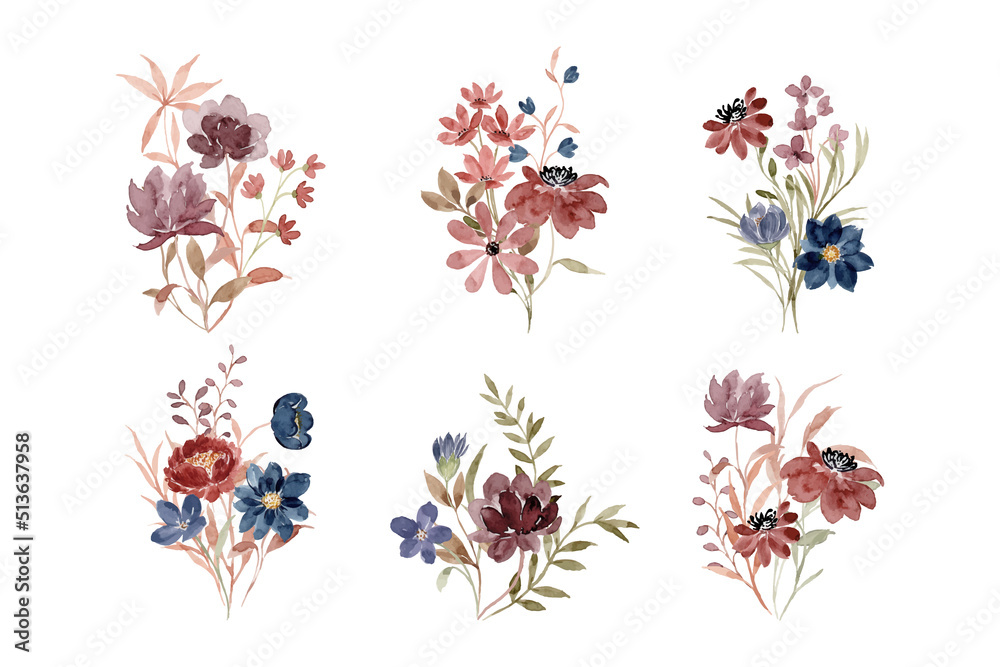 Watercolor wild flower bouquet collection