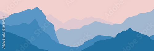 Vector illustration of mountains, ridge in the morning haze, panoramic view