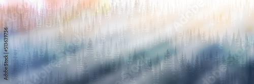 Forest in the morning fog, sun rays, panoramic view
