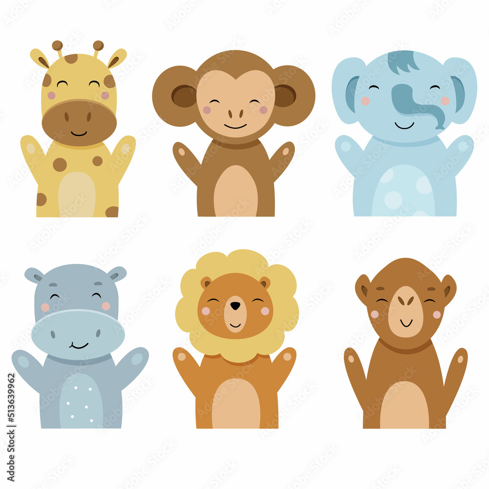 Set of cute designer animals on white background. Vector illustration for printing on fabric, postcard, wrapping paper, book, picture, Wallpaper. Cute baby background. Set of cute designer animals on white background. Vector illustration for printing on fabric, postcard, wrapping paper, book, picture, Wallpaper. Cute baby background.