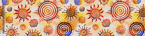Ethnic background, multicolor border, sun symbols, vector design