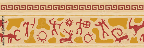 Ethnic border on the theme of rock paintings, vector design. Seamless pattern, banner.