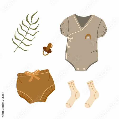 Clothes for boys and girls, things for newborns, toys for children. Vector illustration in boho style on a white background for your design.