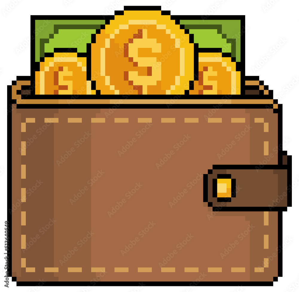 Pixel art wallet with banknotes and coins. wallet with dollars vector icon for 8bit game on white background
Pixel art wallet with banknotes and coins. wallet with dollars vector icon for 8bit game on white background