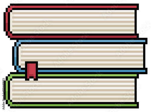 Pixel art stack of books. School notebook vector icon for 8bit game on white background
