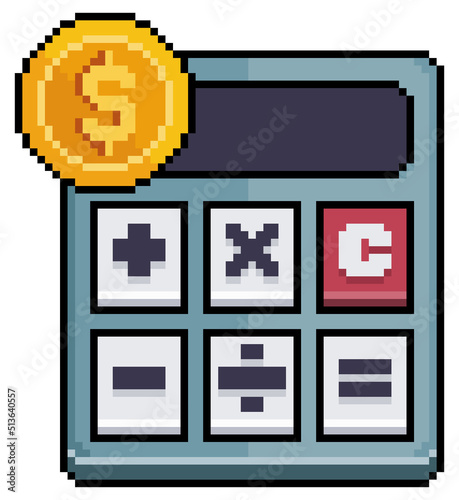 Pixel art money calculator. Coin over calculator vector icon for 8bit game on white background
