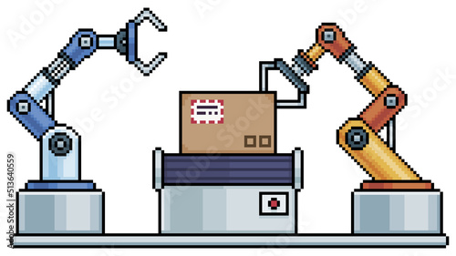 Pixel art industrial robots and conveyor belt. Factory production line vector icon for 8bit game on white background
