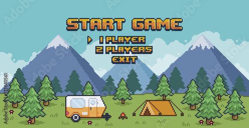 Pixel art camping game menu. game selection menu with pine trees, mountains, tent and trailer 8bit vector background
