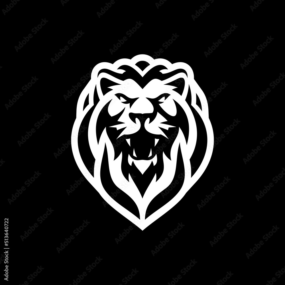 Angry roaring lion head line art or silhouette logo design. Lion face vector illustration on dark background