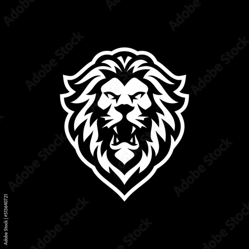Angry roaring lion head line art or silhouette logo design. Lion face vector illustration on dark background