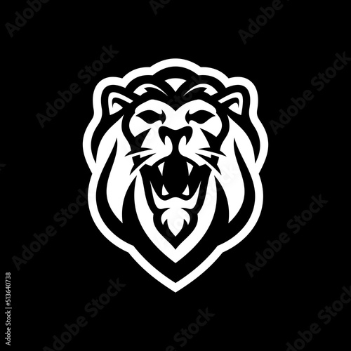 Angry roaring lion head line art or silhouette logo design. Lion face vector illustration on dark background