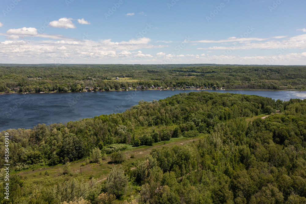 Port McNicoll drone panorama shot Northern central Ontario  blue skies blue lakes with clouds 