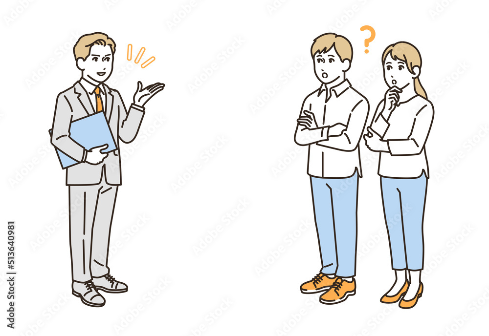 説明するスーツの男性と相談する若い夫婦のシンプルなベクターイラスト素材 説明するスーツの男性と相談する若い夫婦のシンプルなベクターイラスト素材