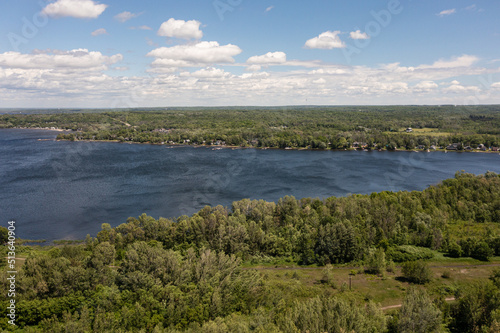 Port McNicoll drone panorama shot Northern central Ontario blue skies blue lakes with clouds 