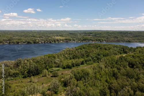 Port McNicoll drone panorama shot Northern central Ontario blue skies blue lakes with clouds 