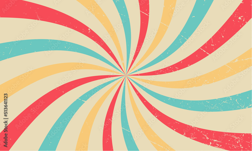 Retro sunburst vector background with a vintage color palette of blue yellow red and beige in a spiral or swirled radial striped design. Colourful grunge circus backdrop. 