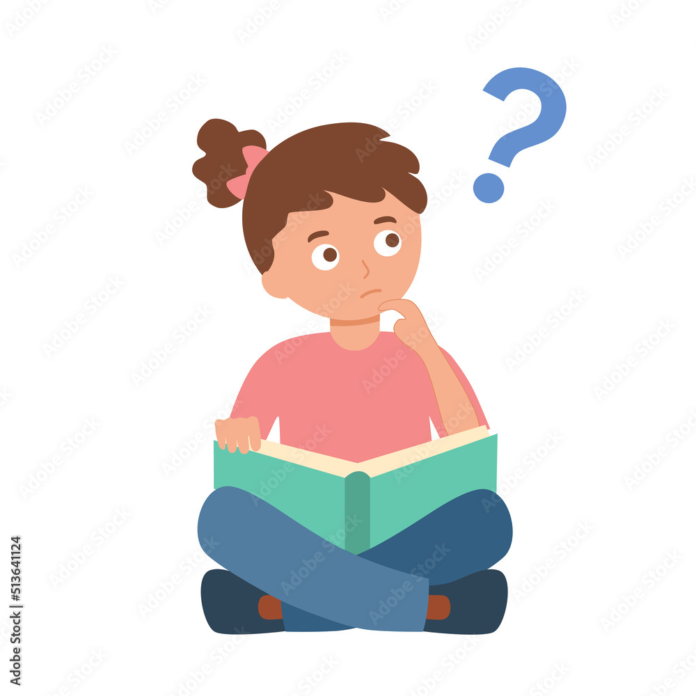 Student kid thinking while reading book in flat design on white background. Girl with question mark. Student kid thinking while reading book in flat design on white background. Girl with question mark.