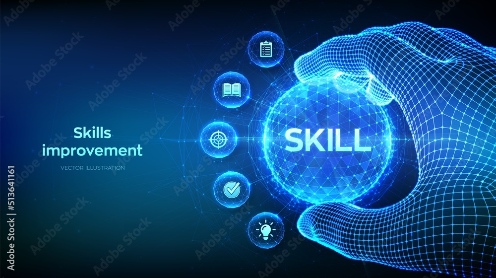 Fototapeta premium Skills improvement and personal development concept. Education. Knowledge and skill in the shape of polygonal sphere in wireframe hand. Professional or educational knowledge. Vector illustration.