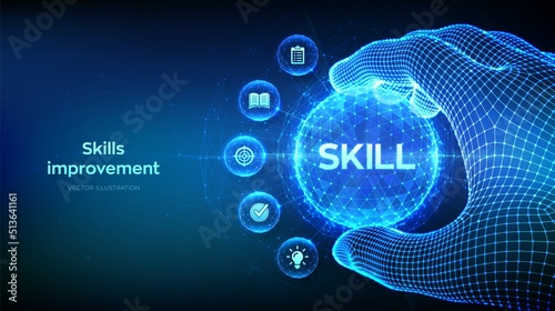 Skills improvement and personal development concept. Education. Knowledge and skill in the shape of polygonal sphere in wireframe hand. Professional or educational knowledge. Vector illustration.