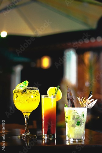 restaurant drinks, caipirinha, gin, alccol, in the bars with tropical drinks photo