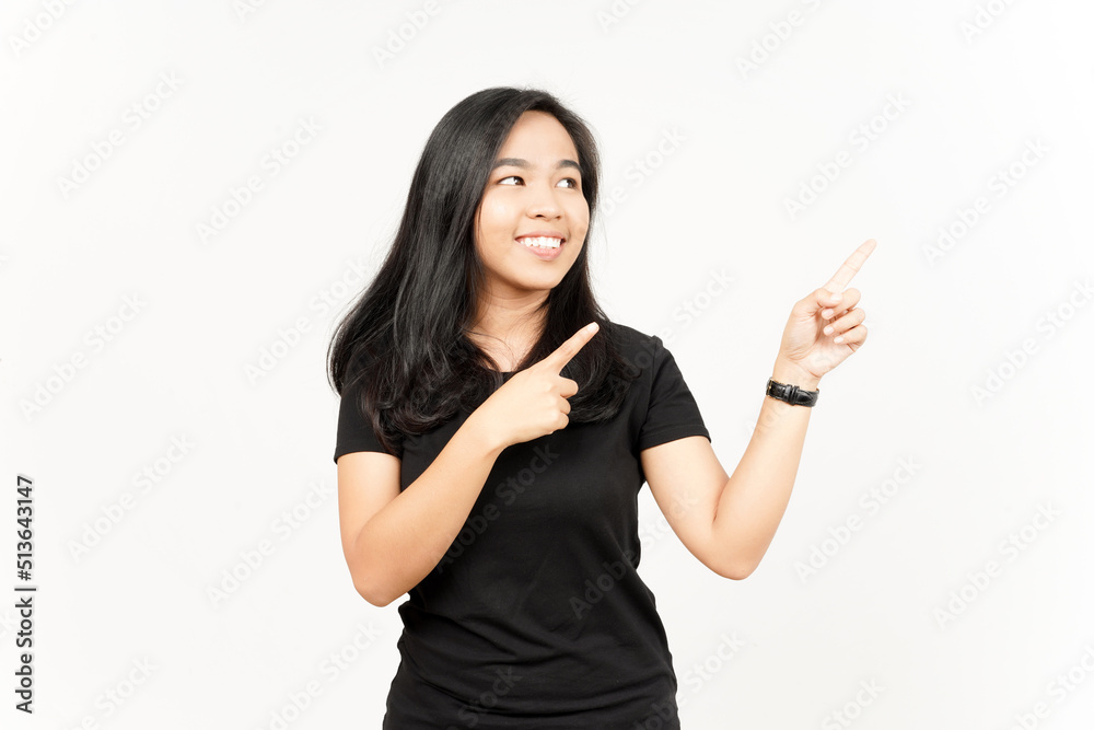 Showing Product and Pointing Side of Beautiful Asian Woman Isolated On White Background