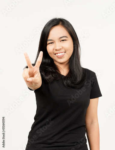 Showing two finger of Beautiful Asian Woman Isolated On White Background © Sino Images Studio