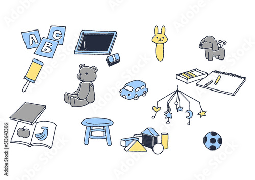 赤ちゃんや幼児が遊ぶおもちゃのセット　コミカルな手書きの素材　ベクター、温かみのある線画
