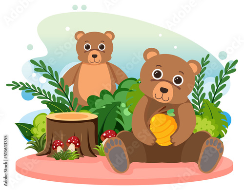 Two cute bears in flat cartoon style
