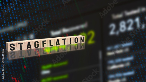 The stagflation on wood cube for business concept 3d rendering photo