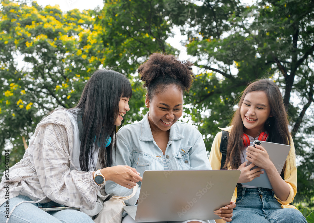 Diversity woman group happy friends searching media content online using laptop sitting in the park. looking online lessons on laptop with her friends at park. Prepare for college university concept. Diversity woman group happy friends searching media content online using laptop sitting in the park. looking online lessons on laptop with her friends at park. Prepare for college university concept.