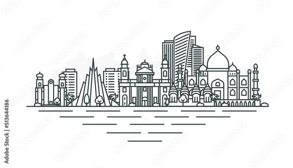 Dhaka, Bangladesh architecture line skyline illustration. Linear vector cityscape with famous landmarks, city sights, design icons. Landscape with editable strokes.