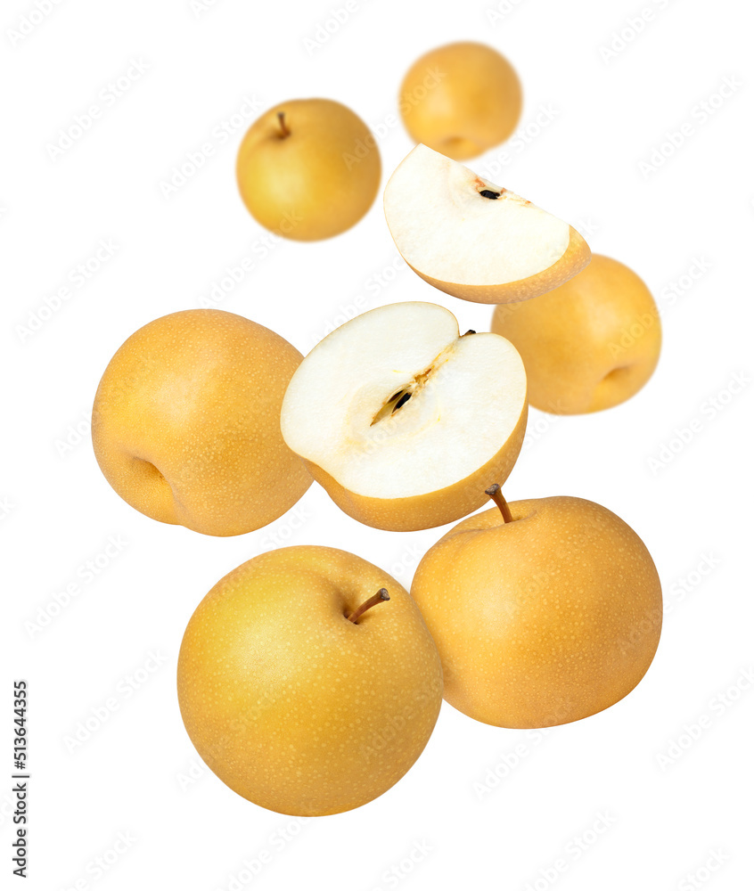 Asian pear (snow pear or nashi pear) falling in the air isolated on white background.