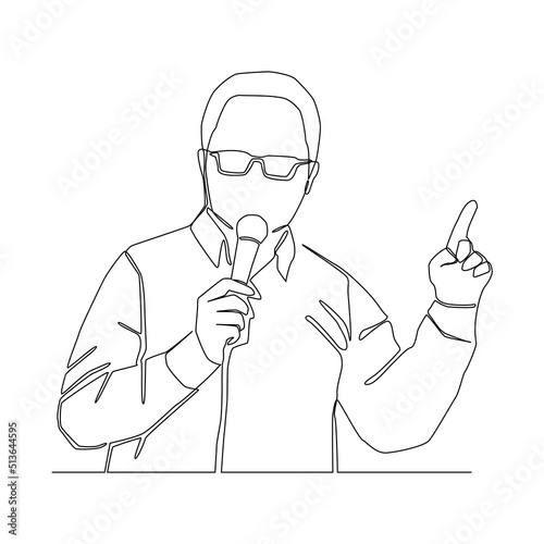 Continuous line of Businessman with glasses holding a microphone, left hand point up to the air. Man having speech in public vector.