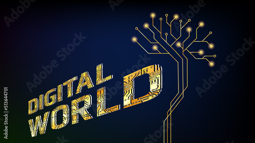 Golden inscription Digital World in perspective and digital brain in form of tree on dark blue background.