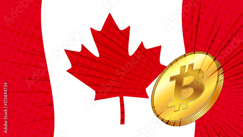Gold coin of Bitcoin BTC and colored flag of Canada on background. Central Bank of Canada adopts laws on mining and digital assets.