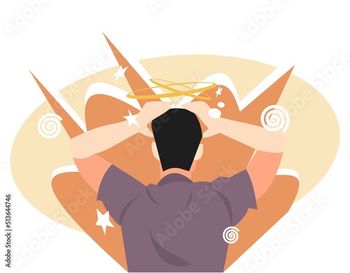 back view of man illustration. dizzy, depressed, confused. against the background of explosions, stars, spirals. flat vector