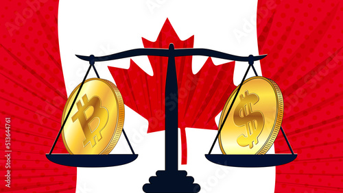 Gold coin of Bitcoin BTC and canadian dollar CAD on scales and colored flag of Canada on background. Central Bank of Canada adopts laws on digital assets CBDC.