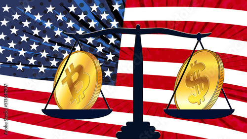 Gold coin of Bitcoin BTC and american dollar USD on scales with colored flag of America on background. Central Bank of America adopts laws on digital assets CBDC.