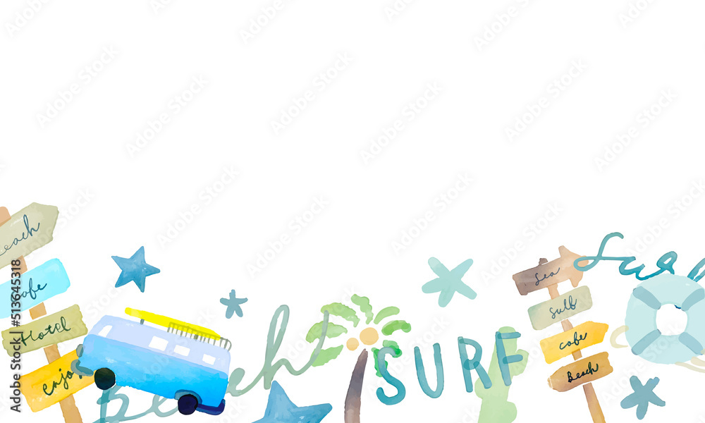 Fototapeta premium 水彩画。水彩タッチの西海岸風コラージュ素材。夏のバカンスイラスト。英語メッセージとヤシの木コラージュ。Watercolor painting. West coast style collage with watercolor touch. Summer vacation illustration. Palm tree collage with English message.