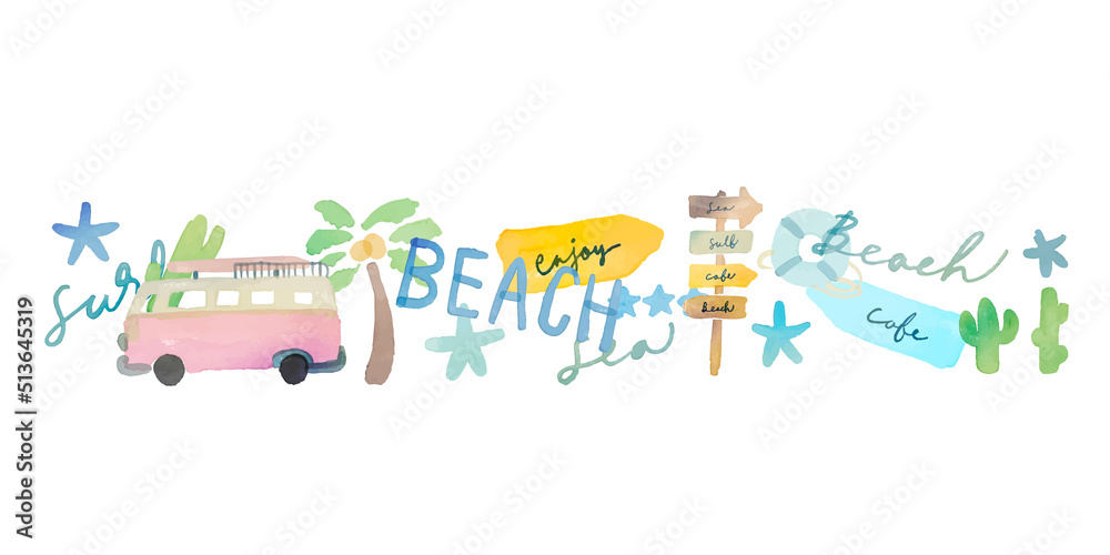Fototapeta premium 水彩画。水彩タッチの西海岸風コラージュ素材。夏のバカンスイラスト。英語メッセージとヤシの木コラージュ。Watercolor painting. West coast style collage with watercolor touch. Summer vacation illustration. Palm tree collage with English message.