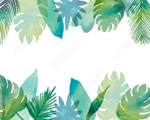 水彩画。水彩タッチの南国葉っぱフレーム。南国植物の装飾フレーム。Watercolor painting. Tropical leaves frame with watercolor touch. Decorative frame of tropical plants.