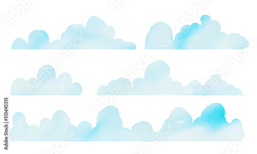 水彩画。水彩タッチの入道雲イラストセット。Watercolor painting. Set of illustrations of iridescent clouds with watercolor touch.
