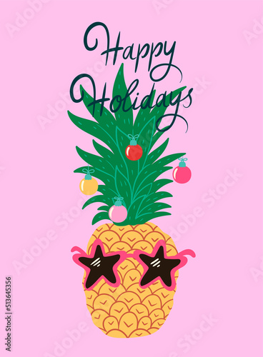 Christmas tropical card with pineapple. Vector graphics.