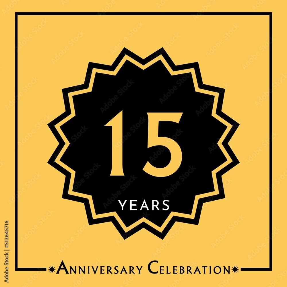 15 years anniversary celebration with black star isolated on yellow background. Creative design for happy birthday, wedding, graduation, event party, marriage, invitation card and greeting card. 15 years anniversary celebration with black star isolated on yellow background. Creative design for happy birthday, wedding, graduation, event party, marriage, invitation card and greeting card.
