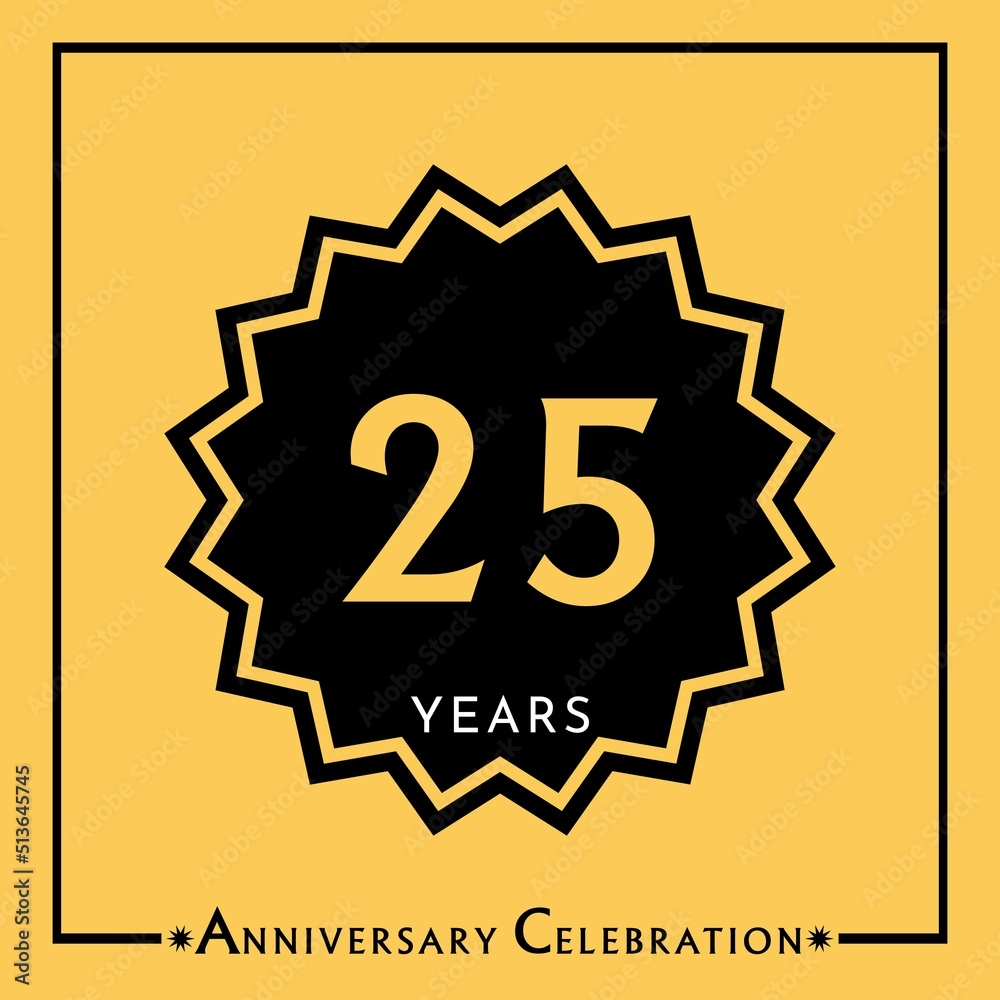 25 years anniversary celebration with black star isolated on yellow background. Creative design for happy birthday, wedding, graduation, event party, marriage, invitation card and greeting card. 25 years anniversary celebration with black star isolated on yellow background. Creative design for happy birthday, wedding, graduation, event party, marriage, invitation card and greeting card.