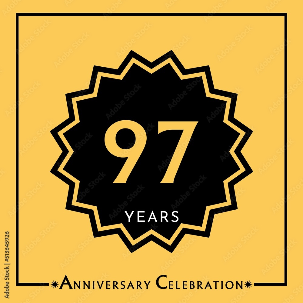 97 years anniversary celebration with black star isolated on yellow background. Creative design for happy birthday, wedding, graduation, event party, marriage, invitation card and greeting card. 97 years anniversary celebration with black star isolated on yellow background. Creative design for happy birthday, wedding, graduation, event party, marriage, invitation card and greeting card.