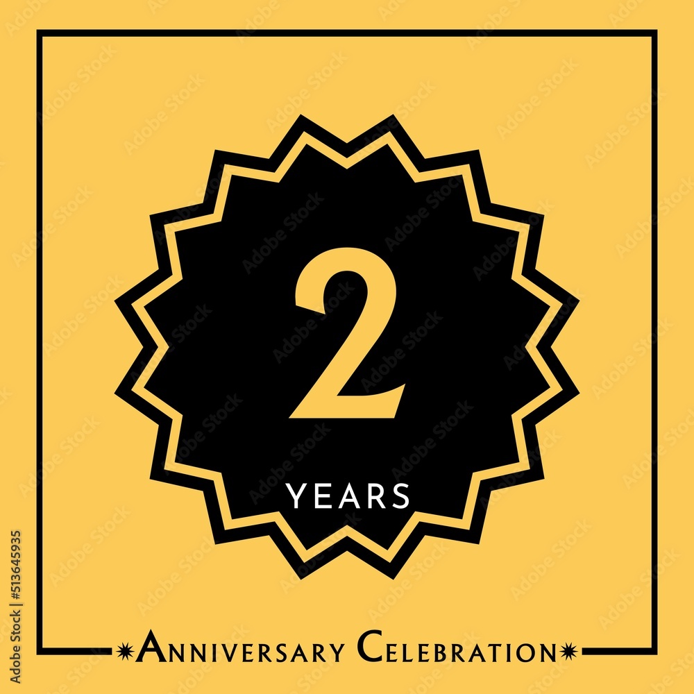 2 years anniversary celebration with black star isolated on yellow background. Creative design for happy birthday, wedding, graduation, event party, marriage, invitation card and greeting card. 2 years anniversary celebration with black star isolated on yellow background. Creative design for happy birthday, wedding, graduation, event party, marriage, invitation card and greeting card.