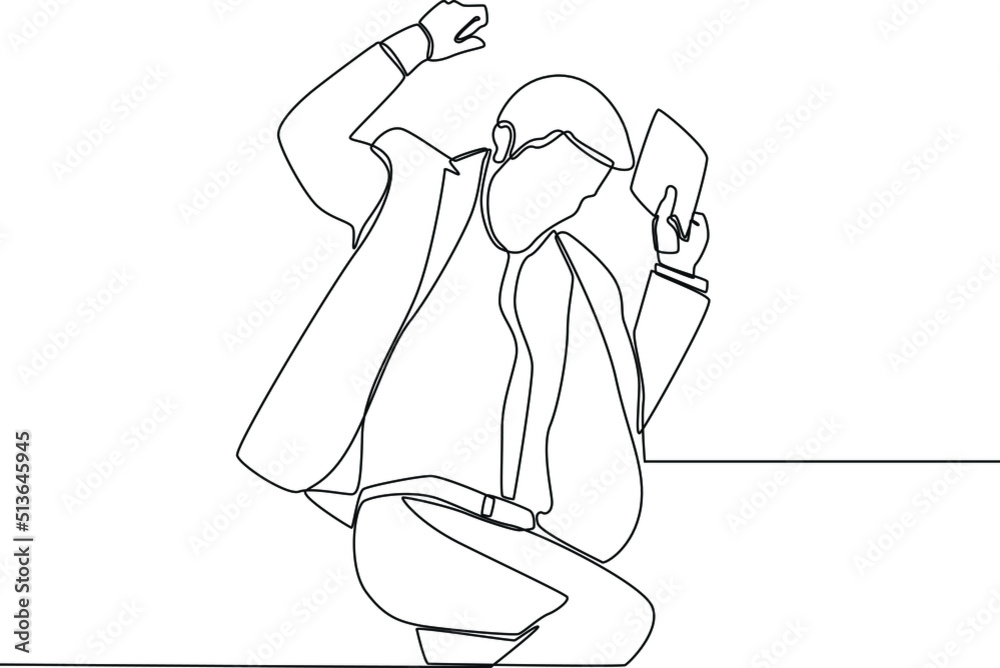 Continuous one line drawing happy male worker jumping and getting career salary growth at office. Salary concept. Single line draw design vector graphic illustration. Continuous one line drawing happy male worker jumping and getting career salary growth at office. Salary concept. Single line draw design vector graphic illustration.