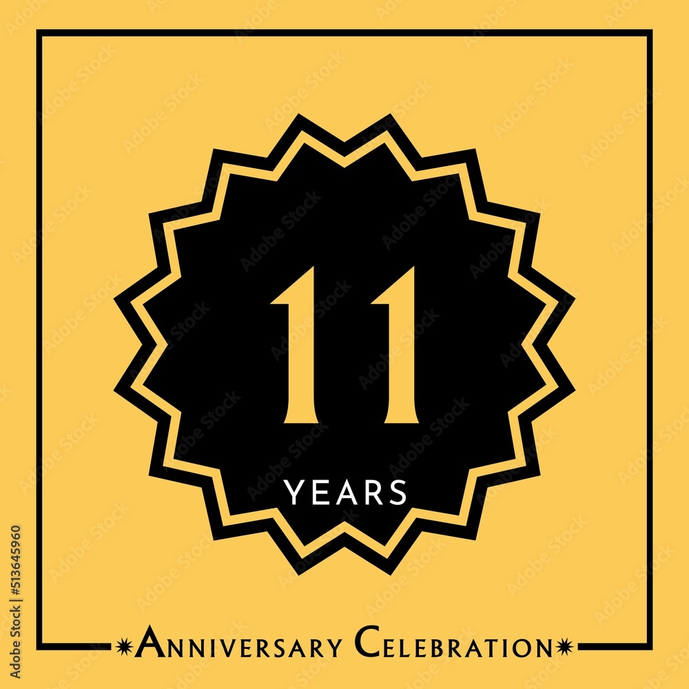 11 years anniversary celebration with black star isolated on yellow background. Creative design for happy birthday, wedding, graduation, event party, marriage, invitation card and greeting card. 11 years anniversary celebration with black star isolated on yellow background. Creative design for happy birthday, wedding, graduation, event party, marriage, invitation card and greeting card.